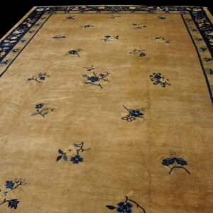 Tan low-pile rug with sparse blue floral sprays and a wide navy border featuring geometric and floral designs.