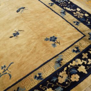 Tan area rug featuring sparse blue florals and an ornate navy and gold multi-layered border on wood flooring.