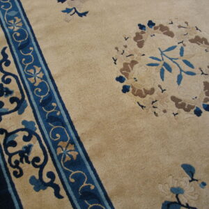 A close-up of a beige rug with blue and brown floral patterns, featuring a dark blue border.