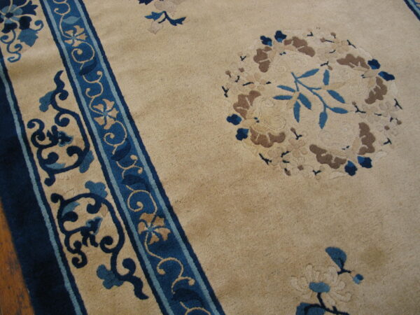 A close-up of a beige rug with blue and brown floral patterns, featuring a dark blue border.