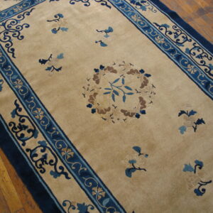 A beige rug with dense pile features a detailed blue border and scattered floral motifs on wood flooring.