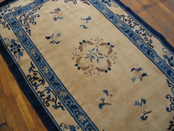A beige rug with dense pile features a detailed blue border and scattered floral motifs on wood flooring.