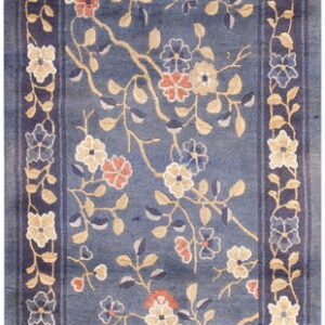 Long blue floral runner rug with tan vines, coral blooms, and detailed outer borders.