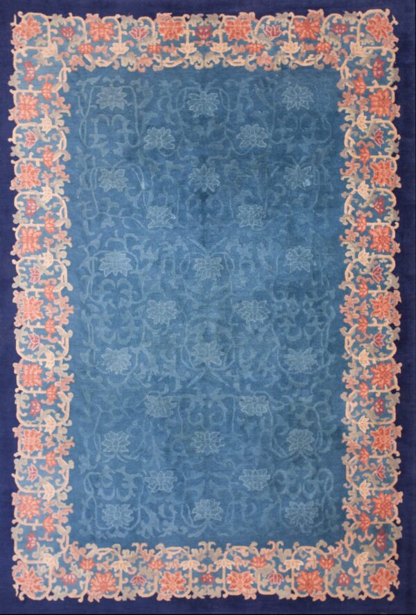 Wool hand knotted pile 1920s blue rectangle allover floral antique rug