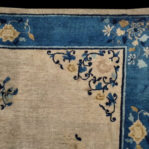 Beige rug corner featuring a bold blue border and stylized floral designs in dark blue and tan.