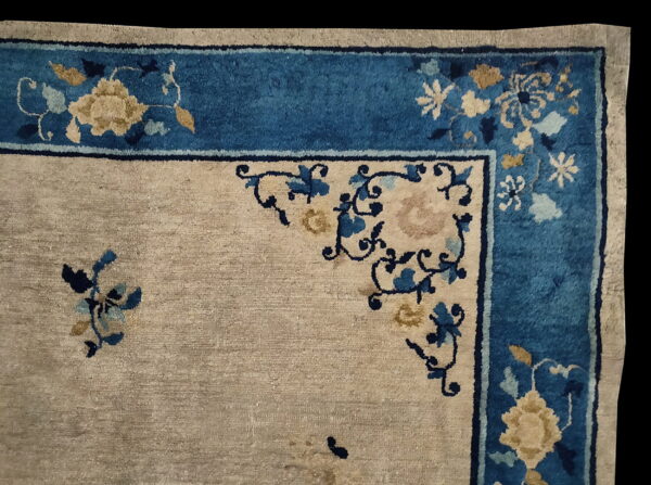 Beige rug corner featuring a bold blue border and stylized floral designs in dark blue and tan.