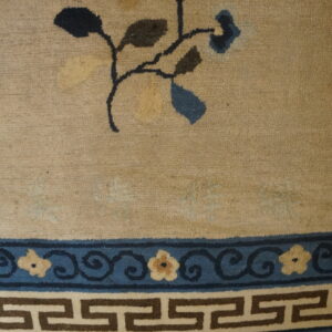 Close-up of a tan rug field with dark floral elements above a complex blue and brown geometric border.