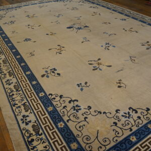 Large cream rug featuring blue and brown patterned borders and scattered floral designs on hardwood.