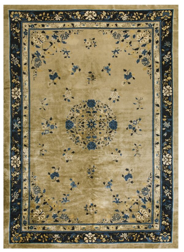 Traditional gold rug featuring an ornate blue and cream floral pattern with a dark navy border.