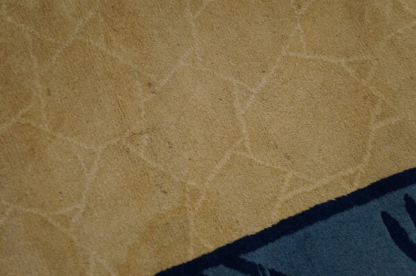 Shaggy tan rug close-up features subtle light patterns bordering sections of dark navy and teal.