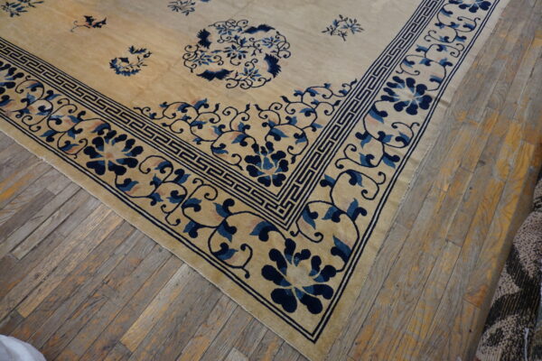 Elegant ivory rug with intricate patterns.