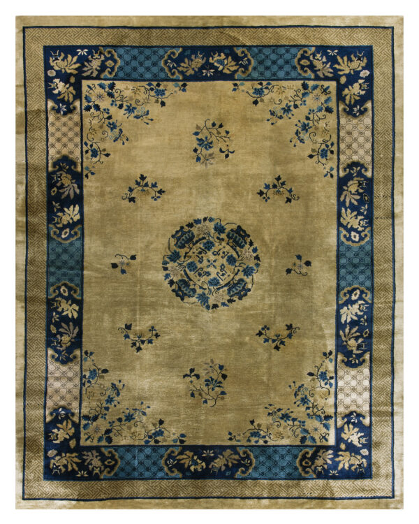 Beige rug with navy and teal borders, featuring a central medallion and scattered blue floral sprays.