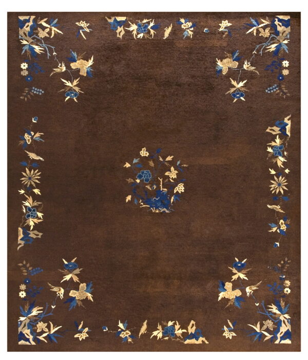 Dark brown rug featuring detailed floral and bird motifs in blue and gold around the border and center.