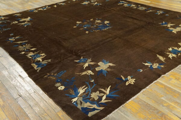 Dark brown rug featuring a blue and beige floral and bird pattern border on rough wood flooring.