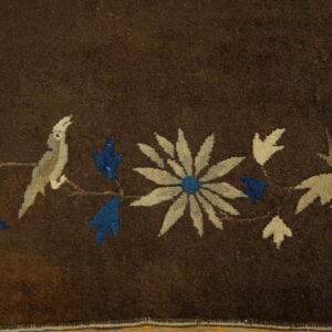 Dark brown rug detail showing a blue, beige, and gray bird and floral border design.