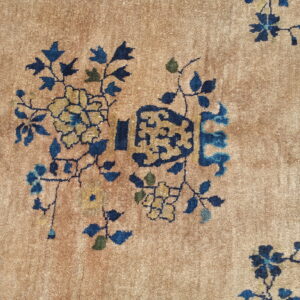 Tan pile rug detailed with scattered floral and vine designs in blue, gold, and subtle green.