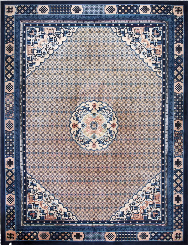 Navy and beige traditional rug featuring a central medallion, scrolling corners, and complex geometric borders.