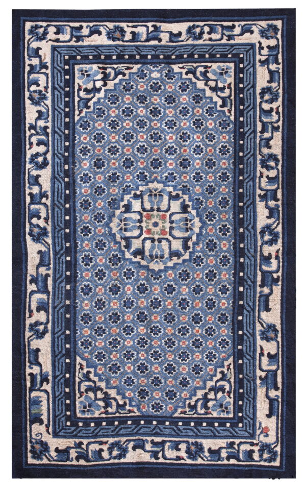 Blue and cream rug with a geometric floral pattern and ornate multi-layered borders.