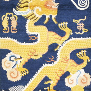 Detailed yellow dragon and clouds dominate a deep blue rug field with multicolored ornamental borders.