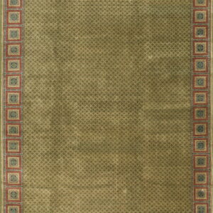 Green rug featuring a dense overall geometric pattern and a structured red border with alternating blue square motifs.