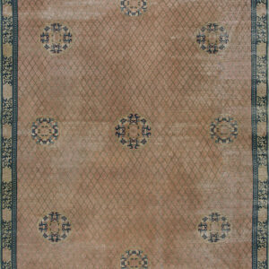 Distressed pink rug featuring a teal diamond trellis background and nine circular floral medallions.