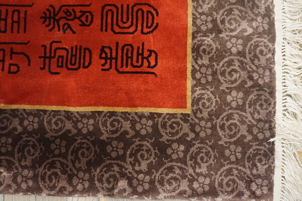 Red rug field with black symbols bordered by dark brown scrolling floral motifs and white fringe.