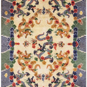 Ornate cream rug with blue and gold dragon motifs, colorful flowers, and symmetrical borders of green and navy waves.