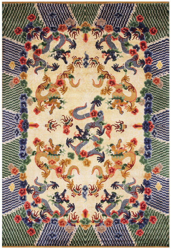 Ornate cream rug with blue and gold dragon motifs, colorful flowers, and symmetrical borders of green and navy waves.