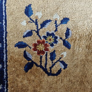 Close-up of a high-pile tan rug featuring a central blue and rust floral motif and a dark blue border.