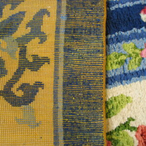 Two rug textures side by side: low-pile yellow and blue geometric next to colorful floral high-pile.