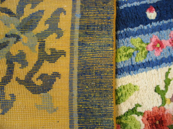 Two rug textures side by side: low-pile yellow and blue geometric next to colorful floral high-pile.