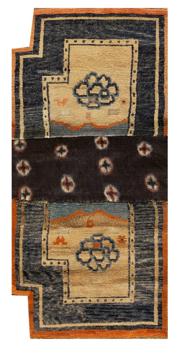 Joined rug panels featuring stepped navy borders, tan centers with floral medallions, and a dark brown patterned stripe.