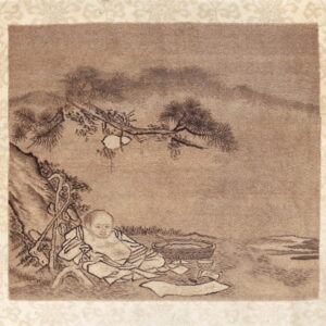 Brown rug with a scenic portrait design and a surrounding light cream border pattern.