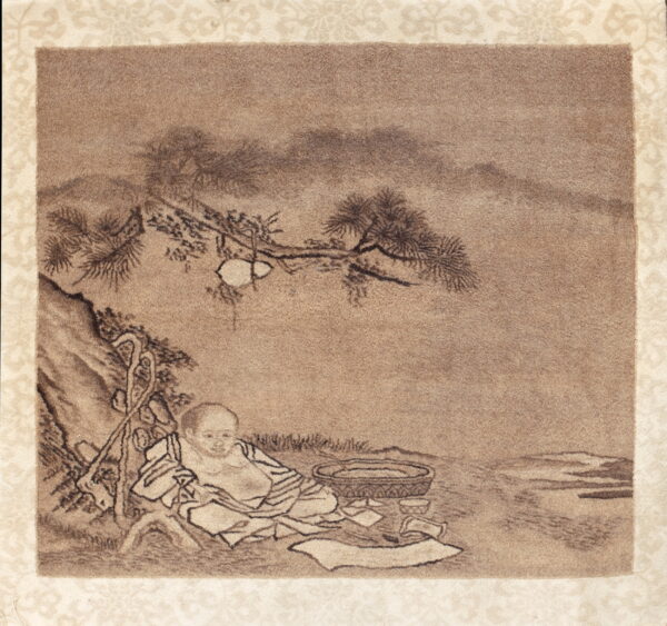 Brown rug with a scenic portrait design and a surrounding light cream border pattern.