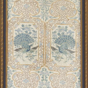Vertical embroidered panel in blue, cream, and gold, displaying repeating crane and pagoda vignettes in a frame.