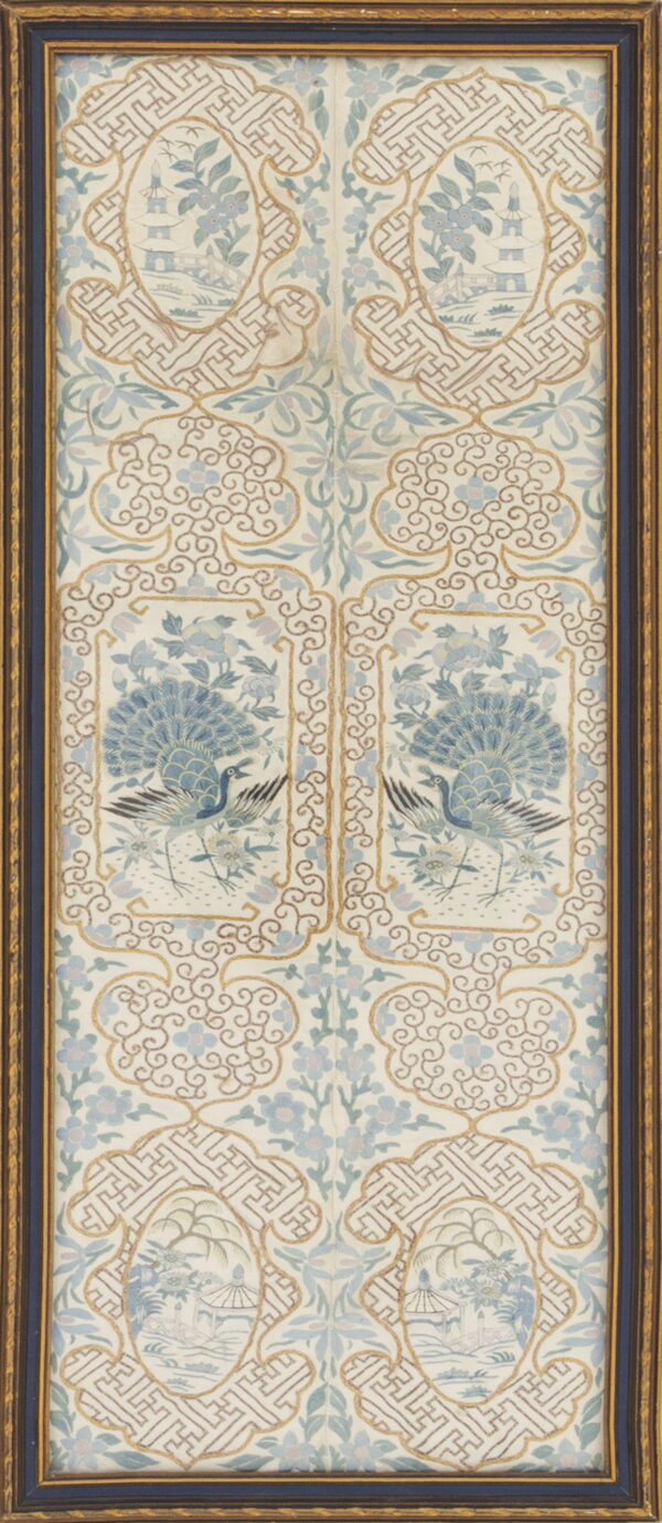 Vertical embroidered panel in blue, cream, and gold, displaying repeating crane and pagoda vignettes in a frame.