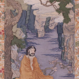 Low-pile rug depicting a bearded figure in orange robes surrounded by blue cliffs and and green pine trees.