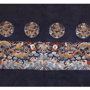 Deep blue textile displaying golden dragons, clouds, and waves motifs in intricate embroidery.