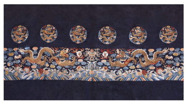 Deep blue textile displaying golden dragons, clouds, and waves motifs in intricate embroidery.