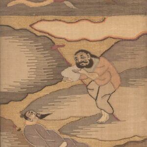 Muted gray and tan rug depicting a figurative scene of two men surrounded by gold and abstract shapes.