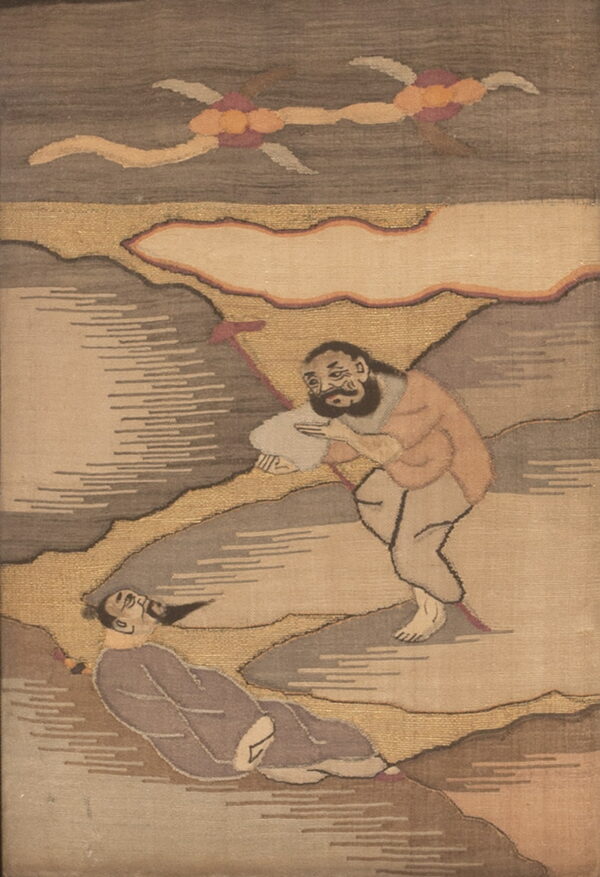 Muted gray and tan rug depicting a figurative scene of two men surrounded by gold and abstract shapes.