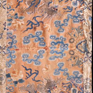 Golden-orange embroidered textile featuring a detailed dragon, blue clouds, and gold and white floral patterns.