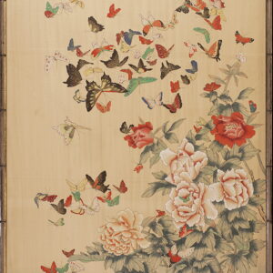 Flat textile pattern featuring colorful butterflies, red peonies, and green leaves on a pale beige background.