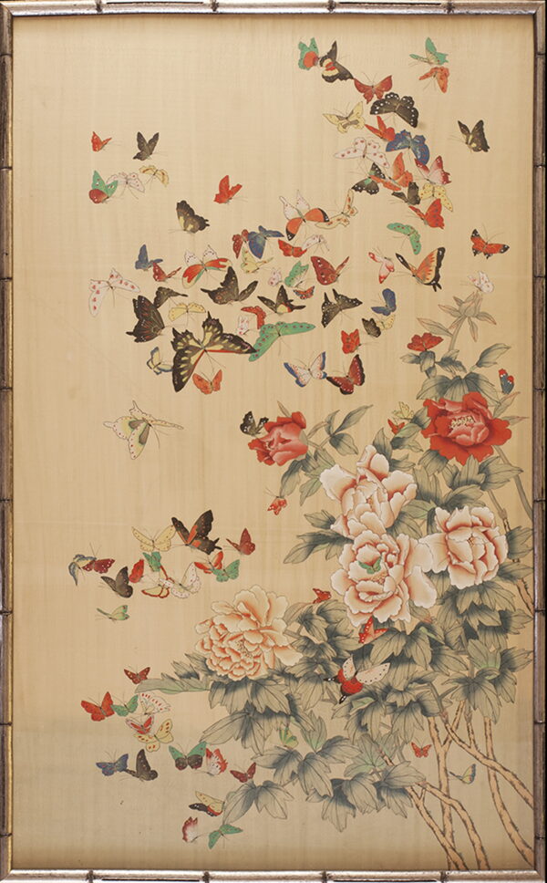 Flat textile pattern featuring colorful butterflies, red peonies, and green leaves on a pale beige background.