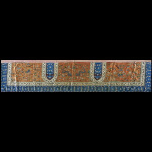 A detailed, flat-woven rug or textile featuring a sienna field, blue borders, and gold embroidered figures.