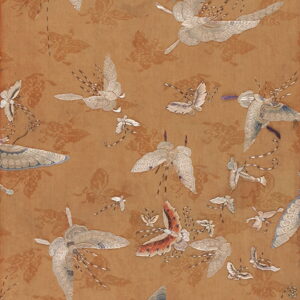 Camel textile displaying an all-over embroidered pattern of white, blue, and coral flying moths and butterflies.