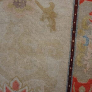Beige low-pile rug close-up with faded floral patterns and a colorful border against dark wood plank flooring.