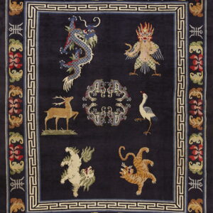 Dark navy rug with a central panel of dragons, animals, and mythical figures inside a meander border.
