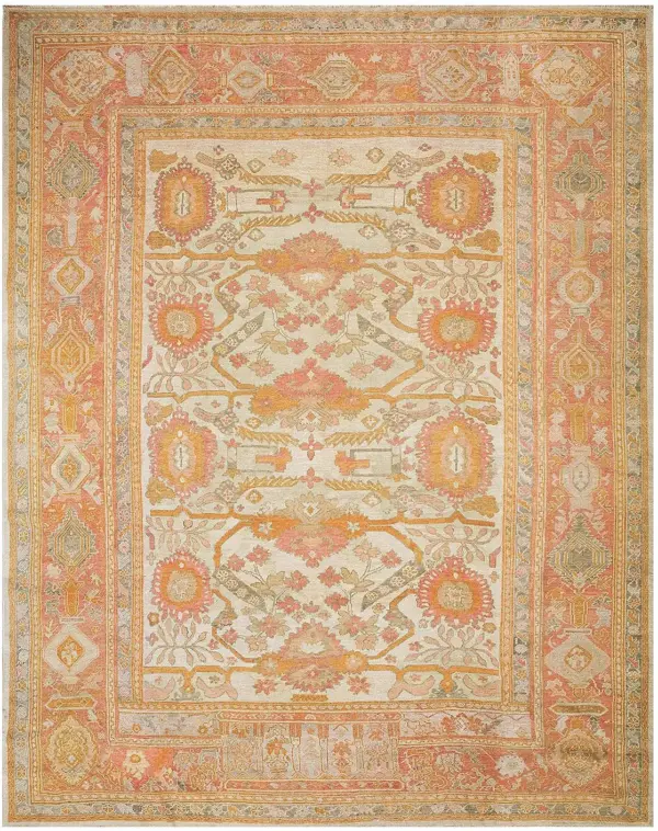 Antique decorative soft ivory color large scale allover design turkish oushak carpet by rugs on net