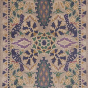 Tan runner rug featuring stylized birds, florals, and medallions in muted purple, yellow, and green colors.